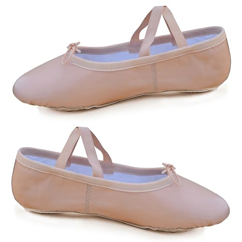 Ballet Canvas Dance Shoes - Full Flat Leather Sole Dancing Yoga Gymnastic Stretch Slippers for Girls Kids Childrens Pink