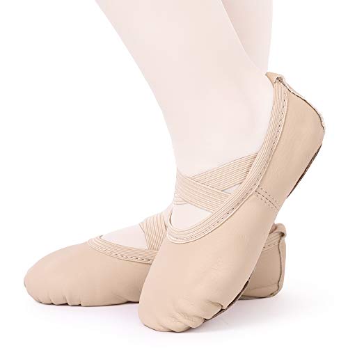Ballet Shoes Leather Ballet Flats Split Sole Dance Slippers for Girls Toddlers Women Beige 10.5 UK Child (28 EU)