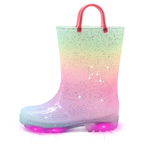 EUXTERPA Girls Light Up Wellies, Patterns and Glitter Boots for Boys and girls,Wellington Waterproof Boots with Handle Size 10 UK Child