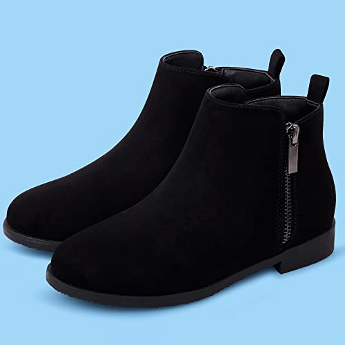 Harvest Land Girls Boots Kids Ankle Boots Zipper School Shoes Elegant Big Kid Fashion Winter Boots Zip-up Short Flat Bootie for Junior/Yourth Black UK2