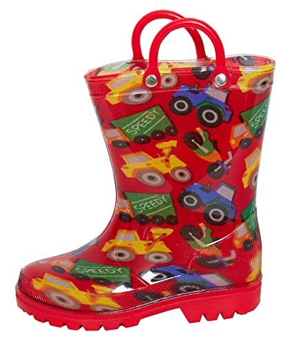 ScruffyTed Kids Wellington Boots With Pull On Handles Red Vehicles 10 UK Child