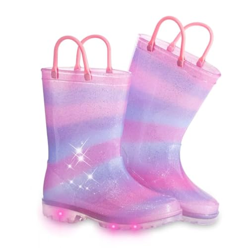 FUNCOO PLUS Girls Wellies for Kids, Light Up Unisex Toddler Wellingtons Boots Childrens Rainbow Wellies Handle It Rain boots Size 5 UK Child