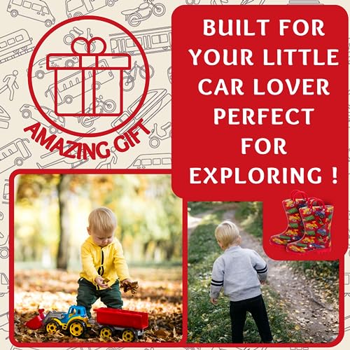 ScruffyTed Kids Wellington Boots With Pull On Handles Red Vehicles 10 UK Child