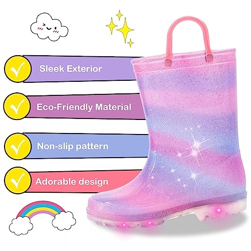 FUNCOO PLUS Girls Wellies for Kids, Light Up Unisex Toddler Wellingtons Boots Childrens Rainbow Wellies Handle It Rain boots Size 5 UK Child