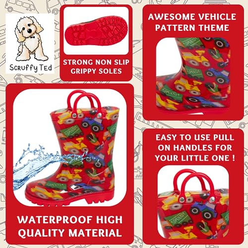 ScruffyTed Kids Wellington Boots With Pull On Handles Red Vehicles 10 UK Child