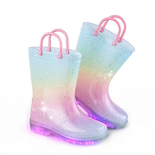 EUXTERPA Kid Wellies for Toddler, Child Wellington Boots Glitter Welly Boots Light Up Girls Rain Boots with Pull On Handles Size 8