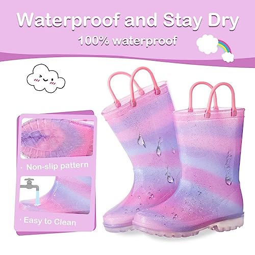FUNCOO PLUS Girls Wellies for Kids, Light Up Unisex Toddler Wellingtons Boots Childrens Rainbow Wellies Handle It Rain boots Size 5 UK Child