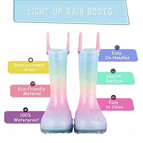 EUXTERPA Kid Wellies for Toddler, Child Wellington Boots Glitter Welly Boots Light Up Girls Rain Boots with Pull On Handles Size 8
