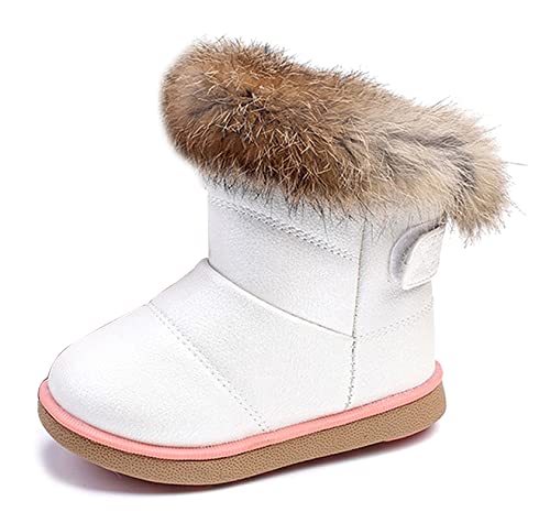 KVbaby Kids Winter Warm Snow Boots Girl's Fur Lined Boots Toddler PU Leather Waterproof Boot, White, 7.5 UK Child