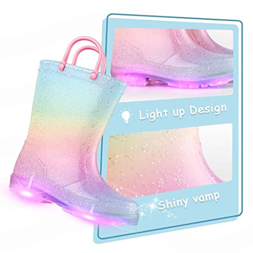EUXTERPA Kid Wellies for Toddler, Child Wellington Boots Glitter Welly Boots Light Up Girls Rain Boots with Pull On Handles Size 8
