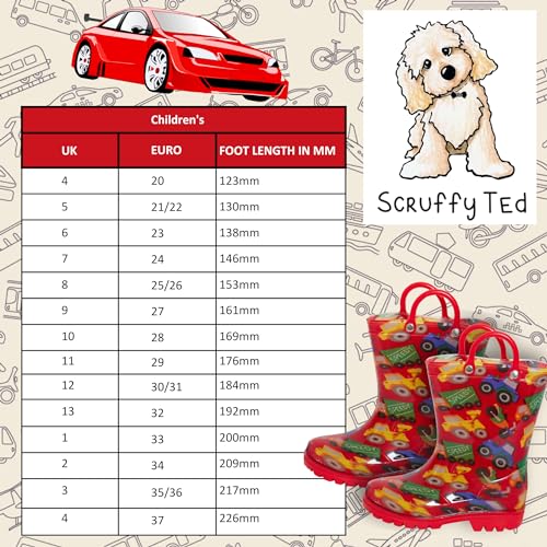 ScruffyTed Kids Wellington Boots With Pull On Handles Red Vehicles 10 UK Child