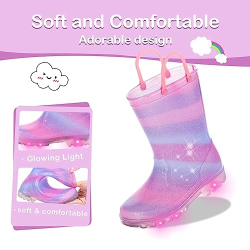FUNCOO PLUS Girls Wellies for Kids, Light Up Unisex Toddler Wellingtons Boots Childrens Rainbow Wellies Handle It Rain boots Size 5 UK Child