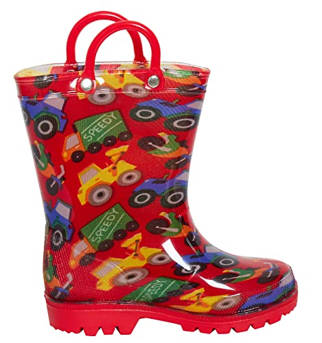 ScruffyTed Kids Wellington Boots With Pull On Handles Red Vehicles 10 UK Child