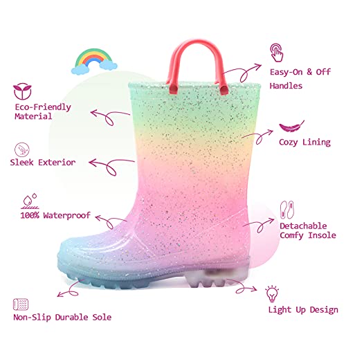 EUXTERPA Girls Light Up Wellies, Patterns and Glitter Boots for Boys and girls,Wellington Waterproof Boots with Handle Size 10 UK Child