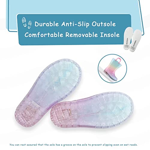 EUXTERPA Kid Wellies for Toddler, Child Wellington Boots Glitter Welly Boots Light Up Girls Rain Boots with Pull On Handles Size 8