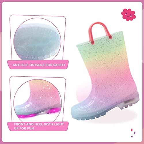 EUXTERPA Girls Light Up Wellies, Patterns and Glitter Boots for Boys and girls,Wellington Waterproof Boots with Handle Size 10 UK Child