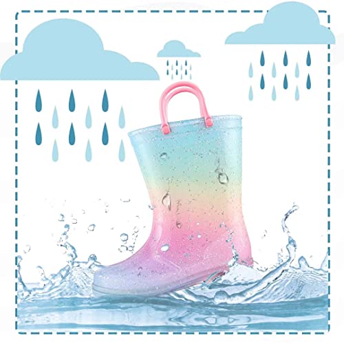 EUXTERPA Kid Wellies for Toddler, Child Wellington Boots Glitter Welly Boots Light Up Girls Rain Boots with Pull On Handles Size 8