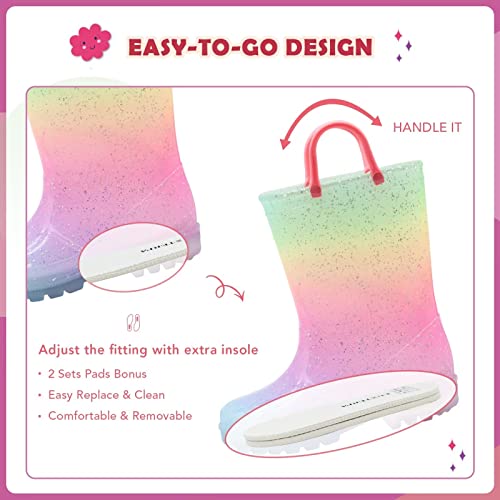 EUXTERPA Girls Light Up Wellies, Patterns and Glitter Boots for Boys and girls,Wellington Waterproof Boots with Handle Size 10 UK Child