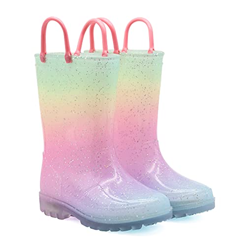 EUXTERPA Girls Light Up Wellies, Patterns and Glitter Boots for Boys and girls,Wellington Waterproof Boots with Handle Size 10 UK Child