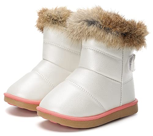 KVbaby Kids Winter Warm Snow Boots Girl's Fur Lined Boots Toddler PU Leather Waterproof Boot, White, 7.5 UK Child
