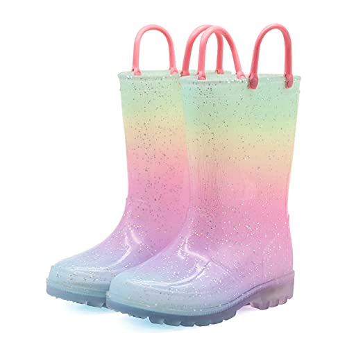 EUXTERPA Girls Light Up Wellies, Patterns and Glitter Boots for Boys and girls,Wellington Waterproof Boots with Handle Size 10 UK Child