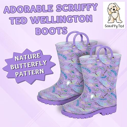 ScruffyTed Kids Wellington Boots With Pull On Handles Lilac Butterflies 6 UK Child