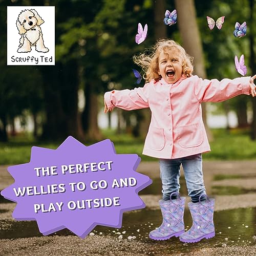ScruffyTed Kids Wellington Boots With Pull On Handles Lilac Butterflies 6 UK Child