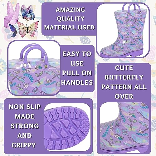 ScruffyTed Kids Wellington Boots With Pull On Handles Lilac Butterflies 6 UK Child