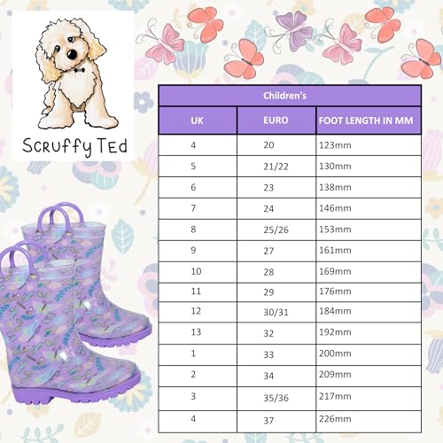 ScruffyTed Kids Wellington Boots With Pull On Handles Lilac Butterflies 6 UK Child