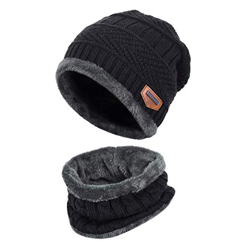 HIDARLING Children's Warm Knitted Hat and Tubular Scarf with Wool Lining, 2 Pieces, Black/White, M