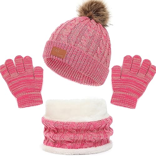 Baynetin 3Pcs Kids Winter Beanie Hat Scarf Gloves Set for 2-8 Years Old Boys Girls. Winter Accessories Sets for Children Outdoor Sports, Knit Thick Warm Fleece Lined Thermal Sets (Pink)