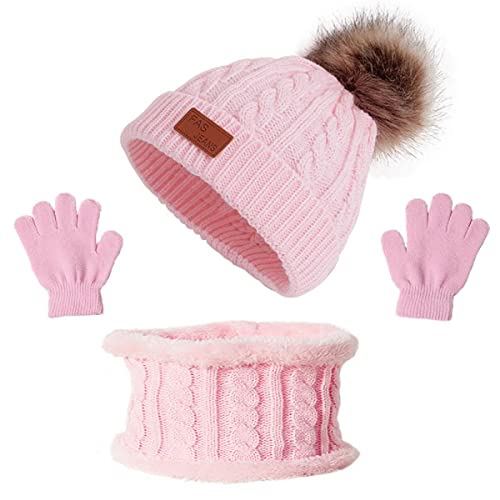 TBSCWYF Warm Knitted Beanie Hat Scarf Set for Kids Winter Thicken Fleece Thermal Knitted Hat Neck Warmer Set for Kids Children Boys Girls Winter Accessories Sets Kids Knitted Beanie Hat Pink