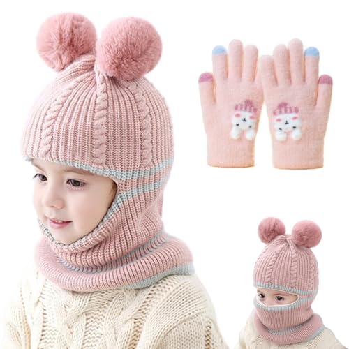 TYXHXTF Winter Warm Hat Kid, Double Pompom Hat, Fleece Lined Winter Beanie Hats, Winter Hats for Kids, Baby Earflap Hat and Scarf Set, Balaclava Skiing Cap for 3-8 Years Old Kids(Pink)