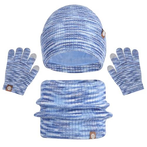 3 Pieces Kids Hat Scarf Gloves Set Thermal Knitted Hat Scarf and Gloves Set Kids with Double Layer Fleece Lining Two Fingers Touch Screen Gloves Set for Children Outdoor Boy Girl (Blue)