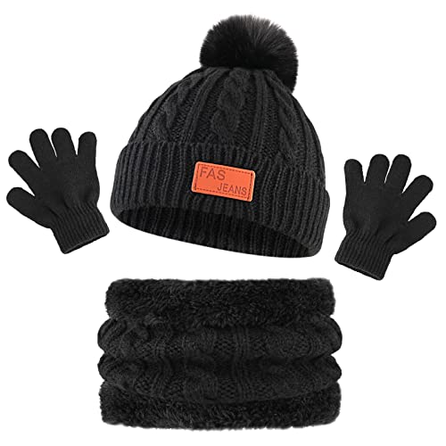 Bekecidi Hat Scarf and Gloves Set for Kids, 3 in 1 Winter Knitted Beanie Hat Scarf Gloves Set, Toddler Thermal Knit Pom Pom Bobble Hat Neck Warmer and Gloves Gifts for Girls Boys Age 1-5 (Black)