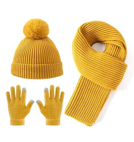 Lallier 3Pcs Kids Hat Scarf and Snow Gloves Set, Winter Knit Warm Soft Pom-Pom Beanie Outdoor for Boys Girls and Toddlers (Yellow)