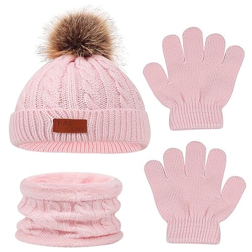 Rumyve Children's Winter Warm Set, 1 Set of 3 Winter Knitted Sets, Gloves, Hats and Scarves, Warm and Flexible, Children's Winter Outdoor Activities Essential(Pink)