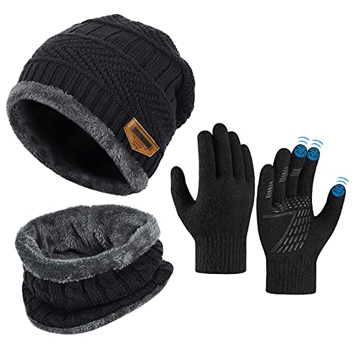 Kids Winter Hat Scarf Gloves Set - Warm Thermal Knitted Beanie Cap Snood Neck Warmer Touchscreen Anti-slip Mitten Outdoor Sports Soft Fleece Lining Elastic for Children Boys Girls Black Aged 5-10