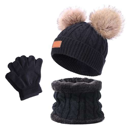 3 PCS Kids Winter Warm Beanie Hat Scarf Gloves Set, Thermal Knit Crochet Thick Fluffy Toddler Scarf Double Pom Pom Bobble Hat with Faux Fur for Girls Boys Children Toddler Aged 3-8 years old (Black)