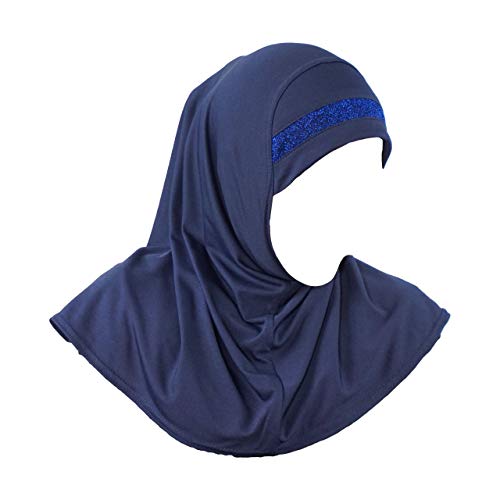 Yaqeen Girls instant headscarf hijab al Amira with glitter borde, readymade pull on scarf, ideal for any occassion school/nursery (Navy)
