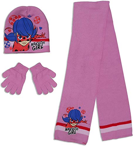 Miraculous ladybug Girls Hat Scarf Gloves Set (52 cm, Pink)