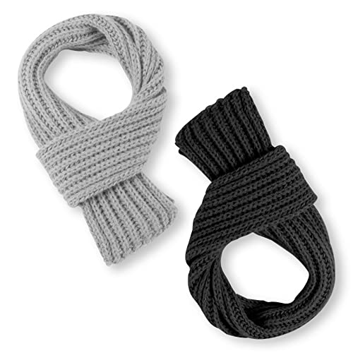 2pcs Kids Scarf Winter, Knitted Scarves Warm Snoods Scarf Knit Neck Warmer for Little Boys Girls Toddlers Childrens(Black, Grey)