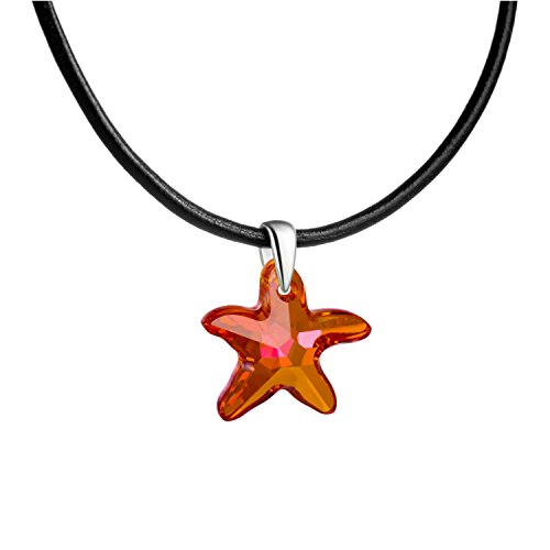 butterfly Girl Black Leather Necklace Swarovski Elements Starfish Orange Length Adjustable Jewelry Pouch Gift