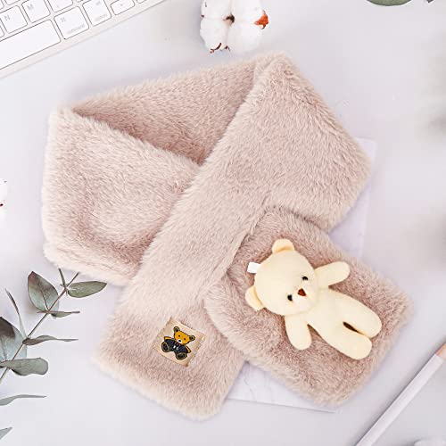 Cute Bear Plush Bib Scarf for Adult and Child, Winter Warm Cartoon Little White Bear Plush Scarf All-Match Cross Scarf Super Soft Warm and Thick Plush Scarf (Beige)