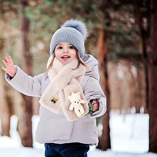 Cute Bear Plush Bib Scarf for Adult and Child, Winter Warm Cartoon Little White Bear Plush Scarf All-Match Cross Scarf Super Soft Warm and Thick Plush Scarf (Beige)