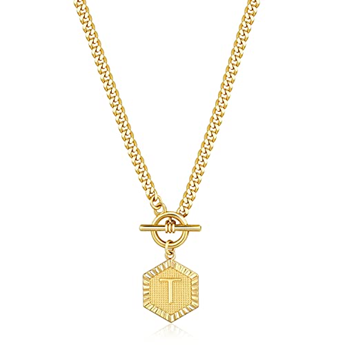 Gold Initial Letter Pendant Necklace 14K Gold Plated Cuban Link Chain Toggle Clasp Hexagon Monogram Engraved Alphabet Necklaces Personalized Charm Jewelry Gift for Women Girls 20'' T