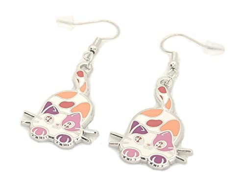 Lesbian Purride Calico Cat Earrings in Orange Lesbian Pride Flag Colors | Chibi Neko LGBTQ+ Subtle Pride Jewelry, Stainless Steel, No Gemstone