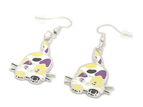 Nonbinary Pride Calico Cat Earrings in Enby LGBT+ Flag Colors | Chibi Neko Subtle Pride Jewelry, Stainless Steel, No Gemstone