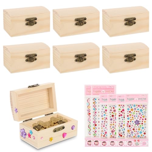 CLIUNT Mini Treasure Chest with Lid, 6 Pieces DIY Small Wooden Box with Lid, Children's Birthday Wooden Box, Treasure Chest Children's Birthday, with 6 Stickers Birthday Gift for Children