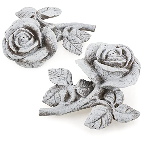 com-four® 2x grave decoration rose - memorial stone in the form of a rose blossom with leaves and stem - weatherproof grave decoration - mourning stone (1 pair - roses)